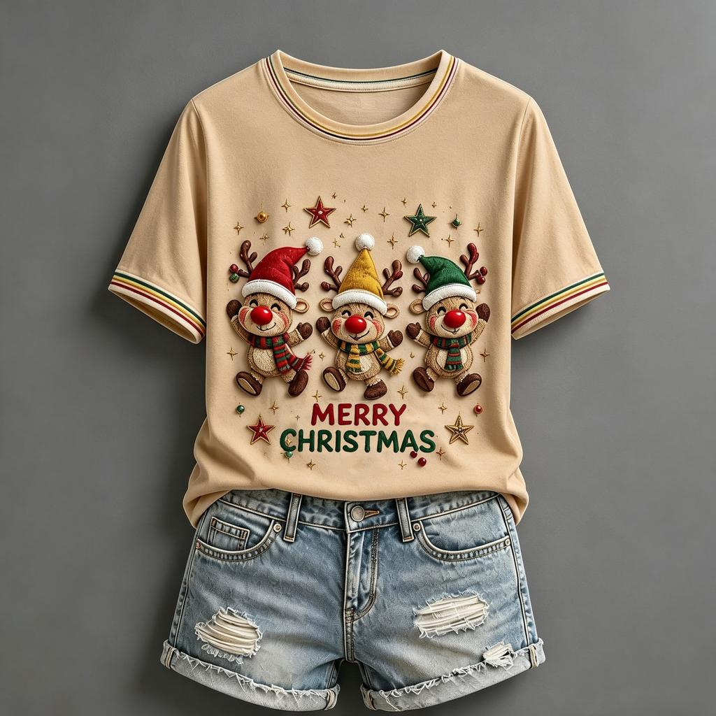 Women's Christmas Printed Round Neck Short Sleeve T-Shirt Casual Summer Holiday Top