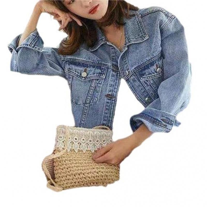 Women'S Denim Jacket For Students, Korean Style, Loose Fit, 2024 Autumn New BF Embroidery Loose Fit Hong Kong Style Denim Top For Women, Trendy