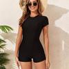 2026 European & American Women's Solid Color Zipper One-Piece Short Sleeve Swimsuit