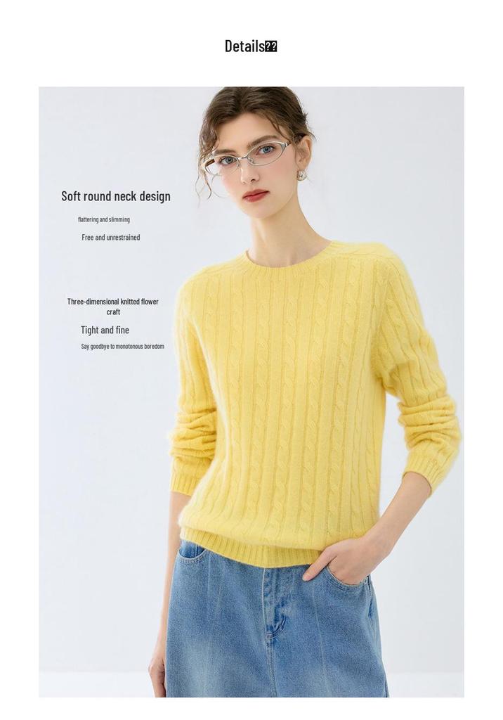 Women's Autumn/Winter Cable Knit Round Neck Pullover Sweater, Long Sleeve, 7-Gauge.