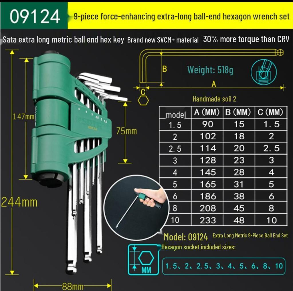 Hex Wrench Set - Mini, Extra Long, Ball & Flat Head, Available in 7, 8, 9, 10, 14 Pieces (Model 09105)