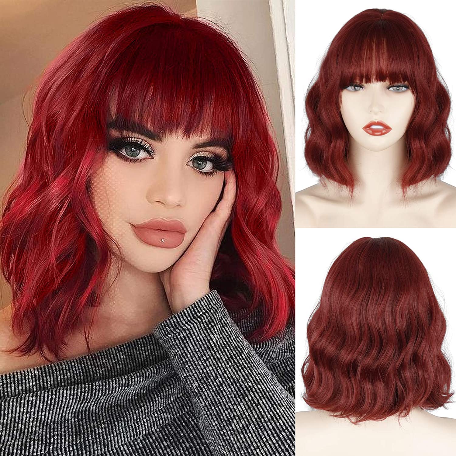 

MERISIHAIR Коротка темно-зелена хвиляста перука з чубчиком, Короткий боб зі змішаним чорно-зеленим кольором, хвилясті кучеряві перуки для жінок, Синтетичні реалістичні перуки для косплею, вечірок, для дівчат