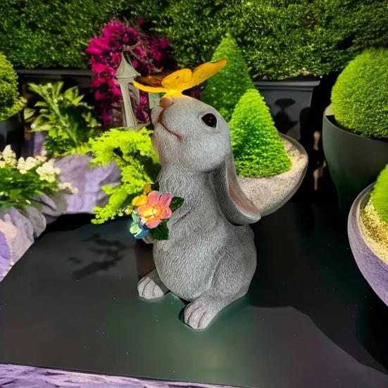 Yousheng Outdoor Solar Rabbit Statue with LED Light Garden Waterproof Resin Butterfly Bunny Figurine Patio Yard Lawn Easter Decoration Ornament