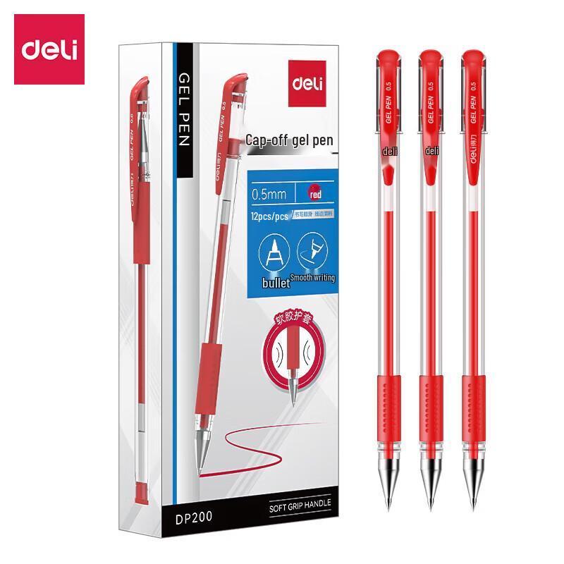 Deli DP200 0.5mm Bullet Tip Red Gel Pens, 12-Pack