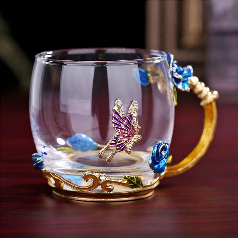 Rose Flower Embossed Glass Enamel Water Cup Cute Gift Glass Water Cup