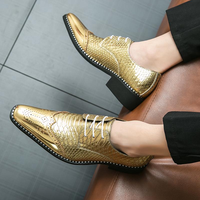 Luxury Designer Pointed Gold Patchwork Lace Up Brogues Shoes For Men Casual Loafers Formal Dress Footwear Zapatos Hombre