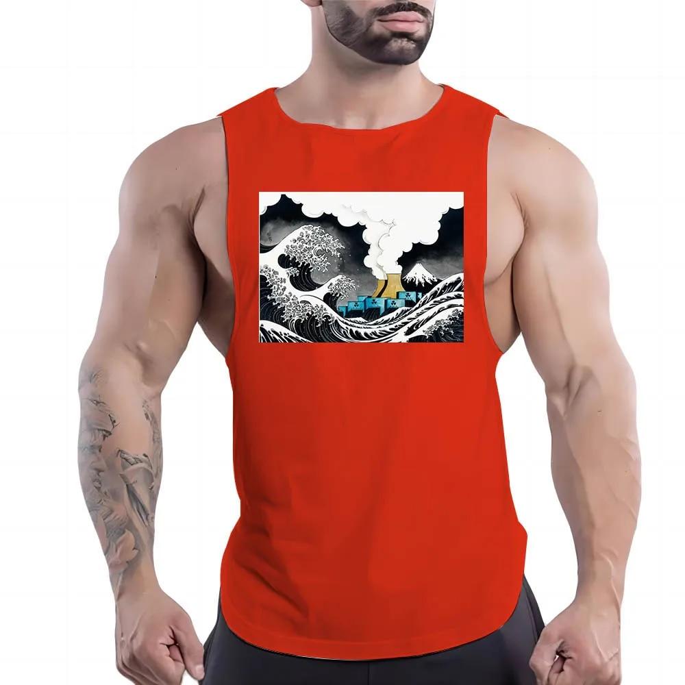 Letní pánské fitness venkovní sportovní tričko s kulatým výstřihem a 2D potiskem grafiky jaderné kontaminace, pohodlné bez rukávů