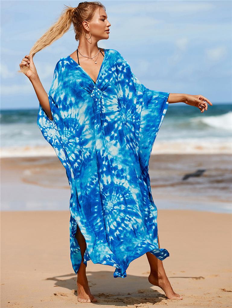 Women's Plus Size Animal Print V-Neck Batwing Kaftan Beach Dress Bathing Suit Cover-Up Loungewear
