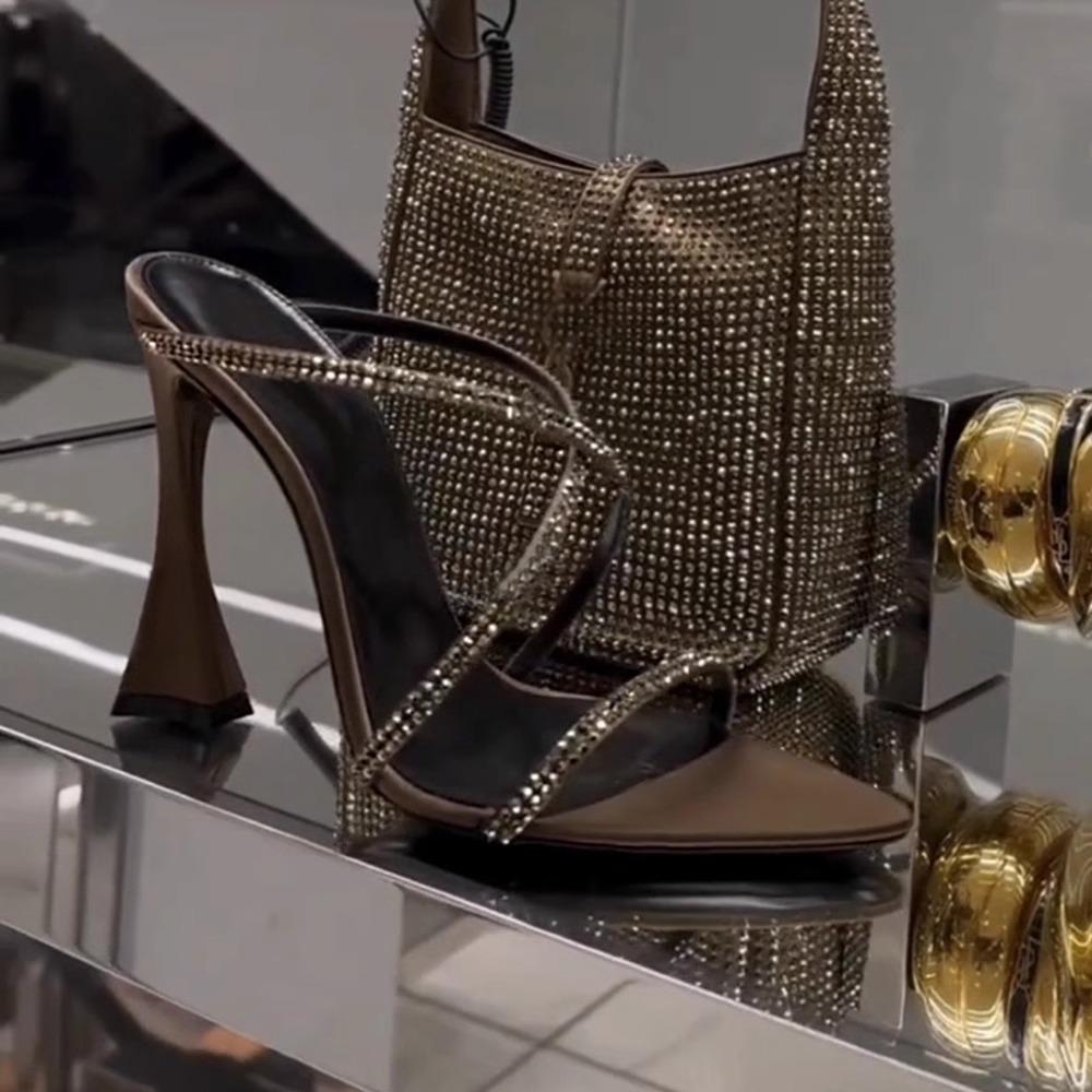 Brown Satin Rhinestone Pointed-Toe High Heel Sandals - Women's Mature Summer Style