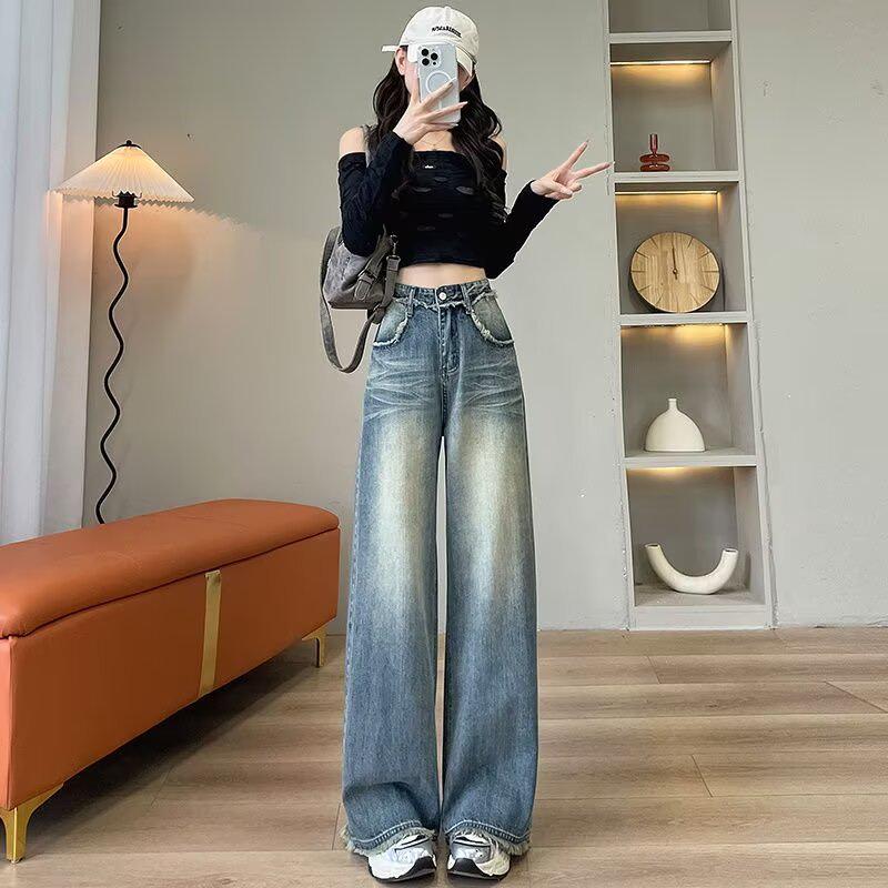 

Женские джинсы с высокой талией, ретро-синие, с широкими штанинами и необработанным краем, Осень 2024 XL