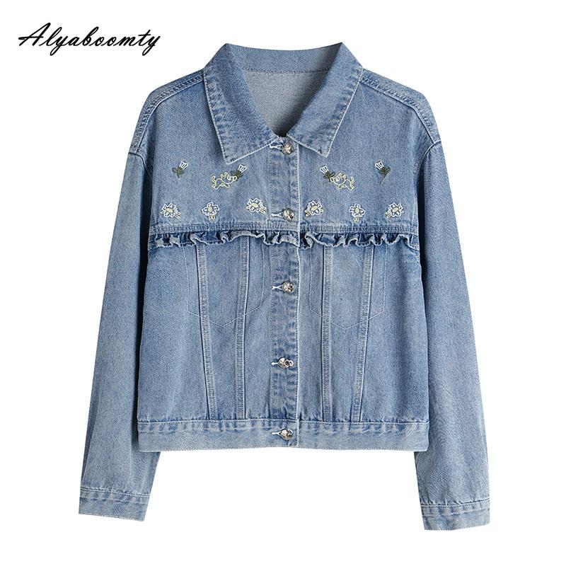 Japonský Mori Girl Jaro Podzim Dámská Modrá Džínová Bunda Sklopný Límec Výšivka Ležérní Volný Kabát Dlouhý Rukáv Elegantní Sladký Svršek