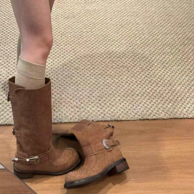 

Осенние тупоносые плиссированные ботильоны с пряжкой на ремне, старые полированные, на толстом каблуке, ковбойские ботинки в западном стиле, ботинки Мартин средней высоты для женщин 40