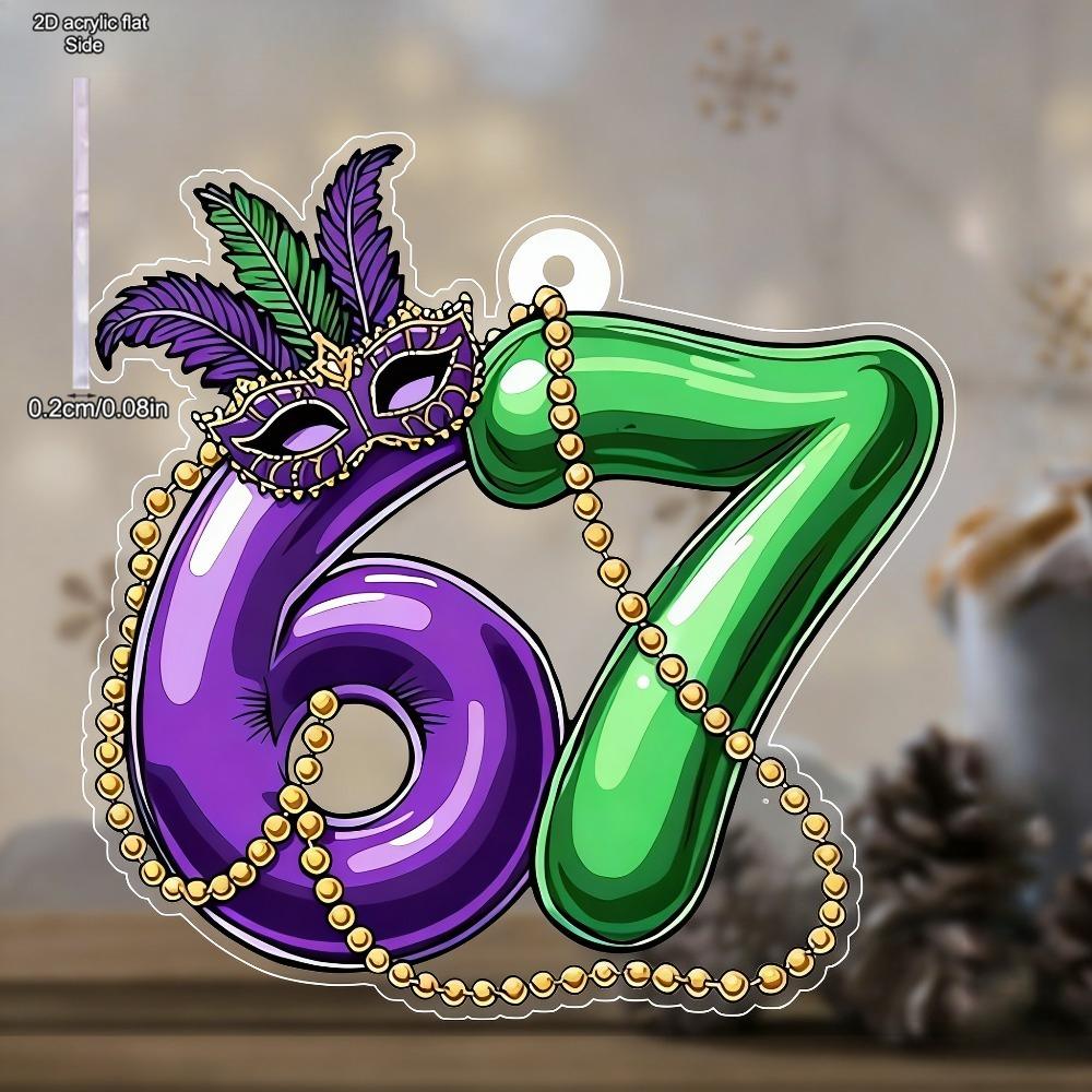 Glittering Purple, Green Masks Pattern - Transparent Pendants, Drops & Finials with Number 67 Shaped, No Electricity Needed, Nurseries, Vintage Home D