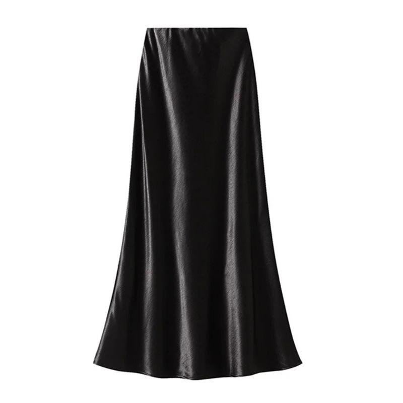 Women's Black Satin Fishtail Skirt - High Waist, Draped, with Slit - Spring/Summer 2026 Fashion