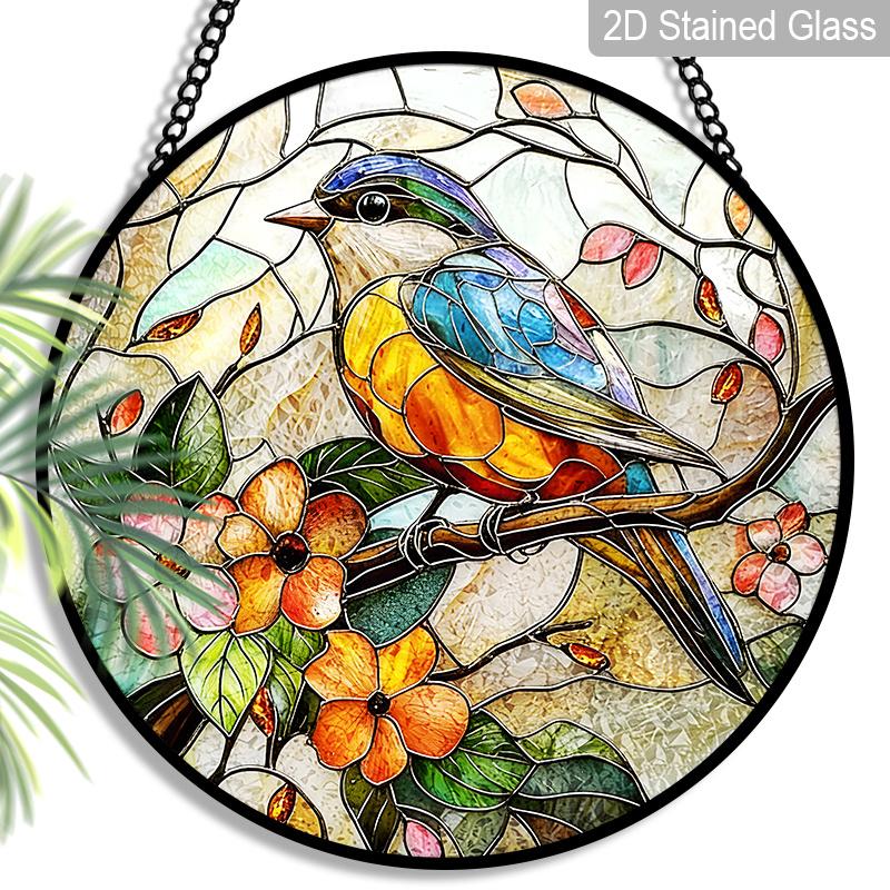 

2D Flat Stained Glass Bird Window Decoration, 7.87inches Blue Bird Pink Flower Design Colored Glass Plate with Chain, Charming Spring Summer Sun 7.87inch