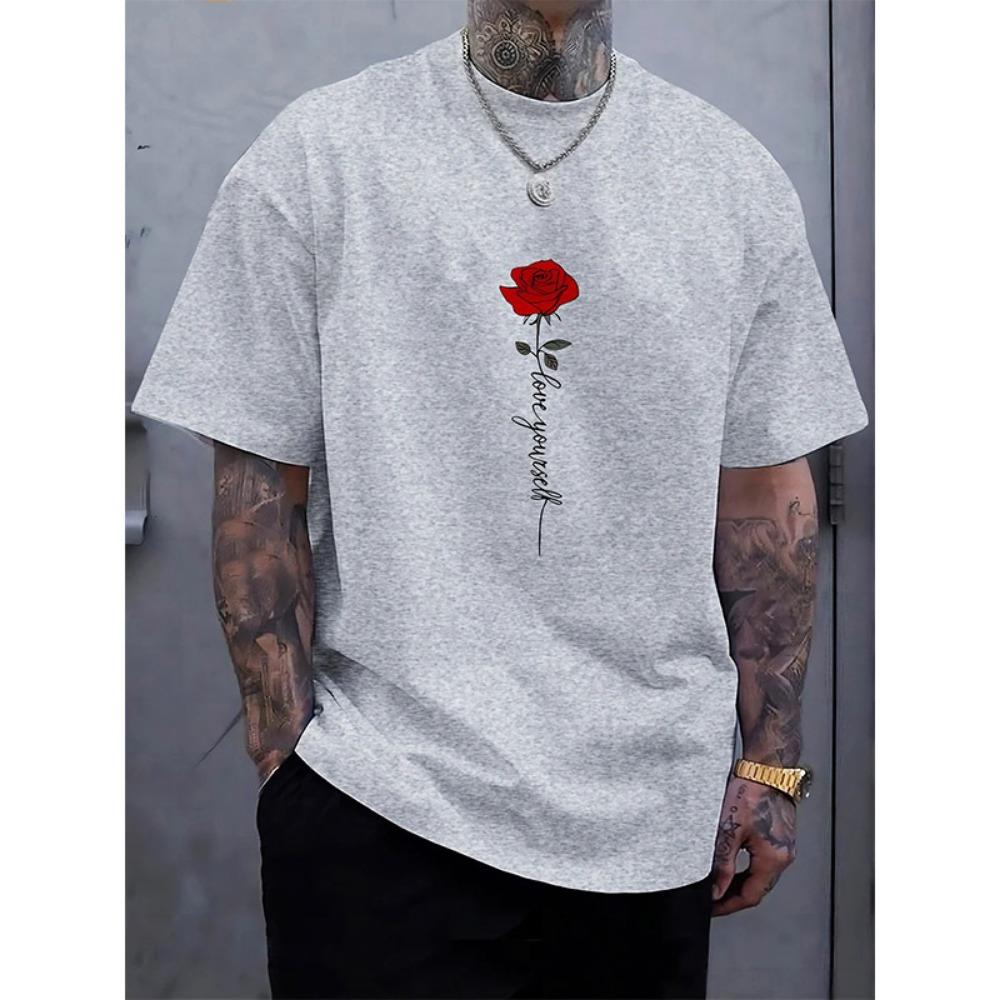 

Men s Summer Polyester 100% Fashionable Casual Sports Loose Red Rose Pattern Printed Round Neck Short Sleeved T-shirt Top 3XL сірий