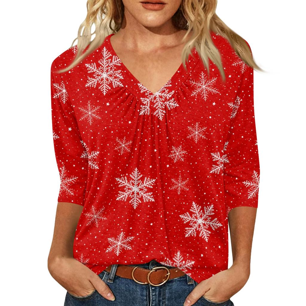Women's Fashion Casual V-Neck Christmas Print 3/4 Sleeve Top for Holiday Party Wear