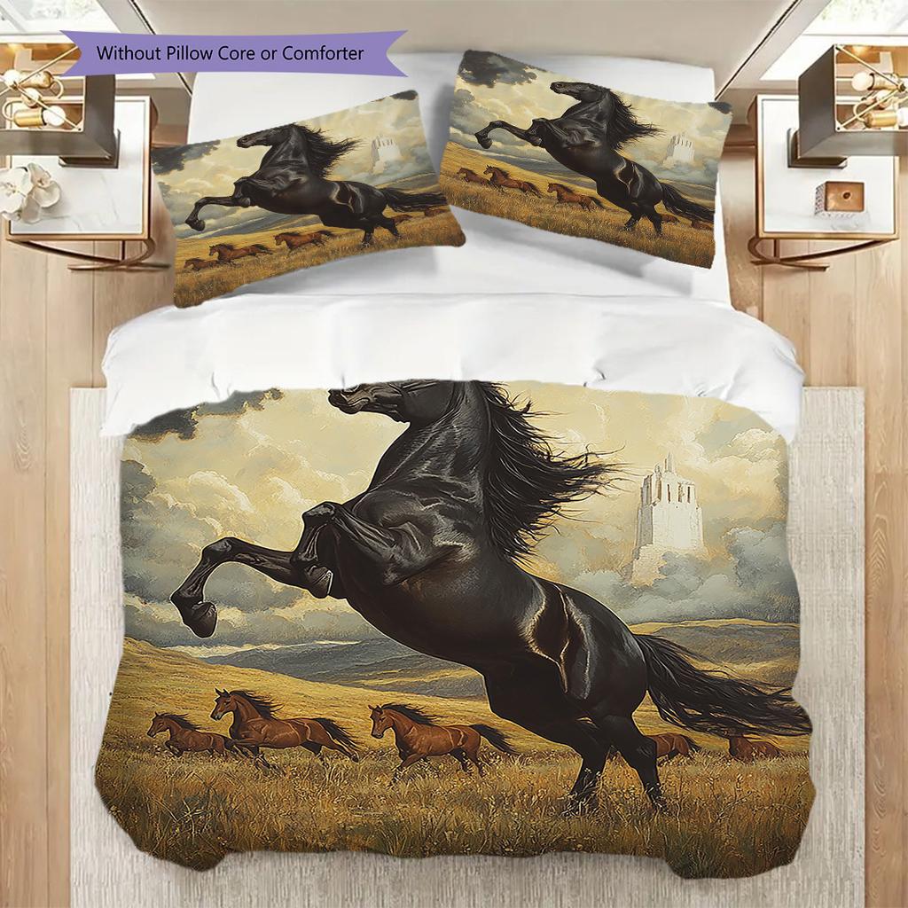 Set Copripiumino Trapuntato con Motivo a Cavalli Federa Decorazione per la Casa Regalo di Compleanno (1 * copripiumino + 2 * federa, senza nucleo)