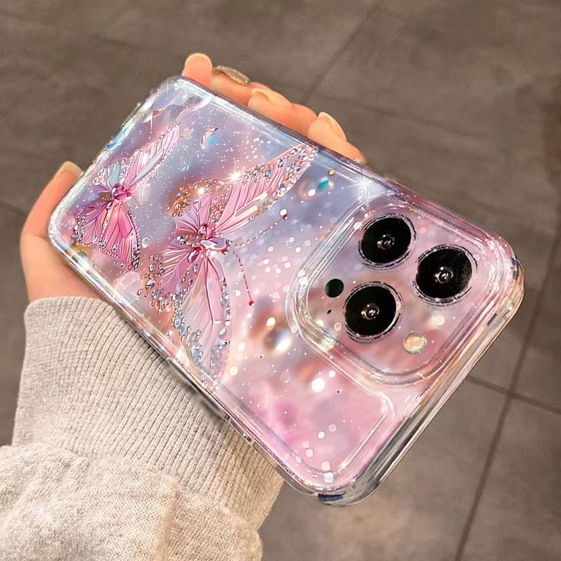 Phone Case For Xiaomi 13 12 11 Lite 5G 14 13 14T 13T 12T For Xiaomi 17 Pro Max Diamond Pearl Butterfly Pattern Transparent Cover