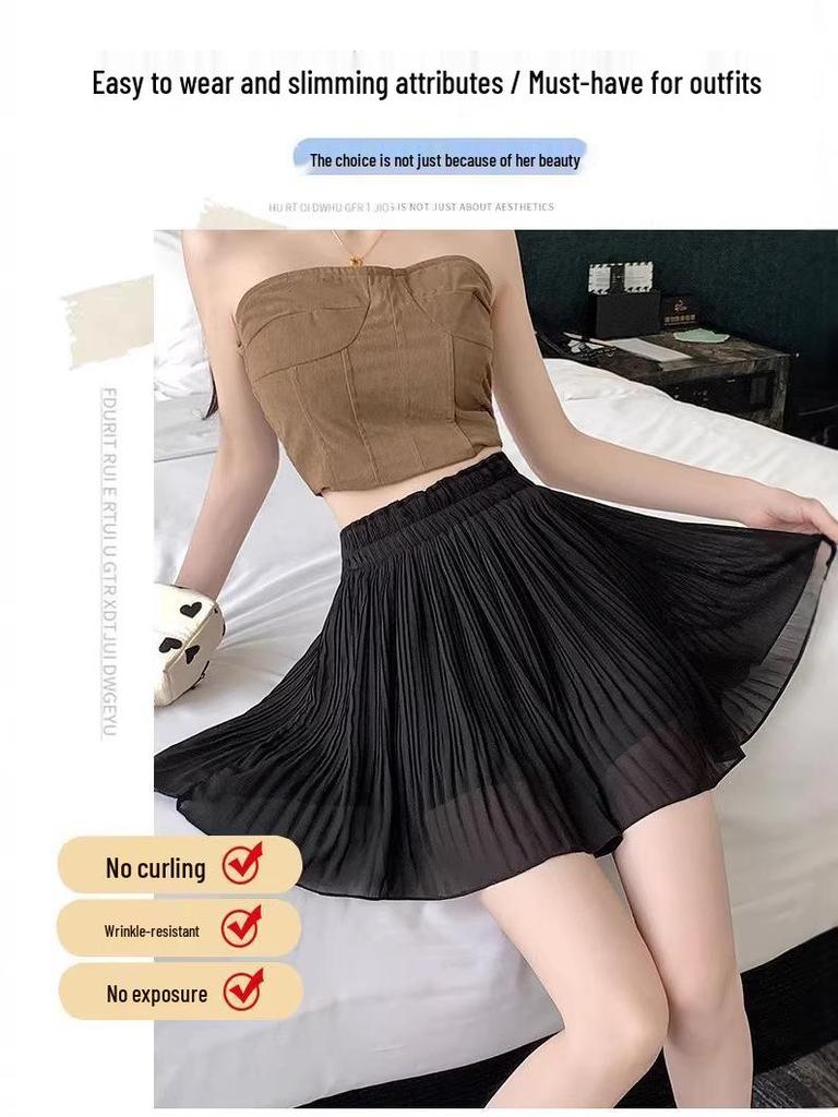 Women's Elastic Waist Pleated Chiffon Mini Skirt - Anti-Exposure, Slimming, Age-Reducing, Versatile Loose Fit for Spring/Summer.