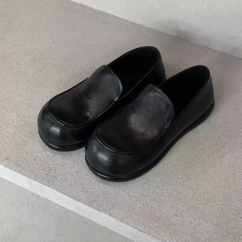 Cowhide version~ Korean big head round head deep mouth inner height increasing loafers women's spring versatile small leather shoes single shoes