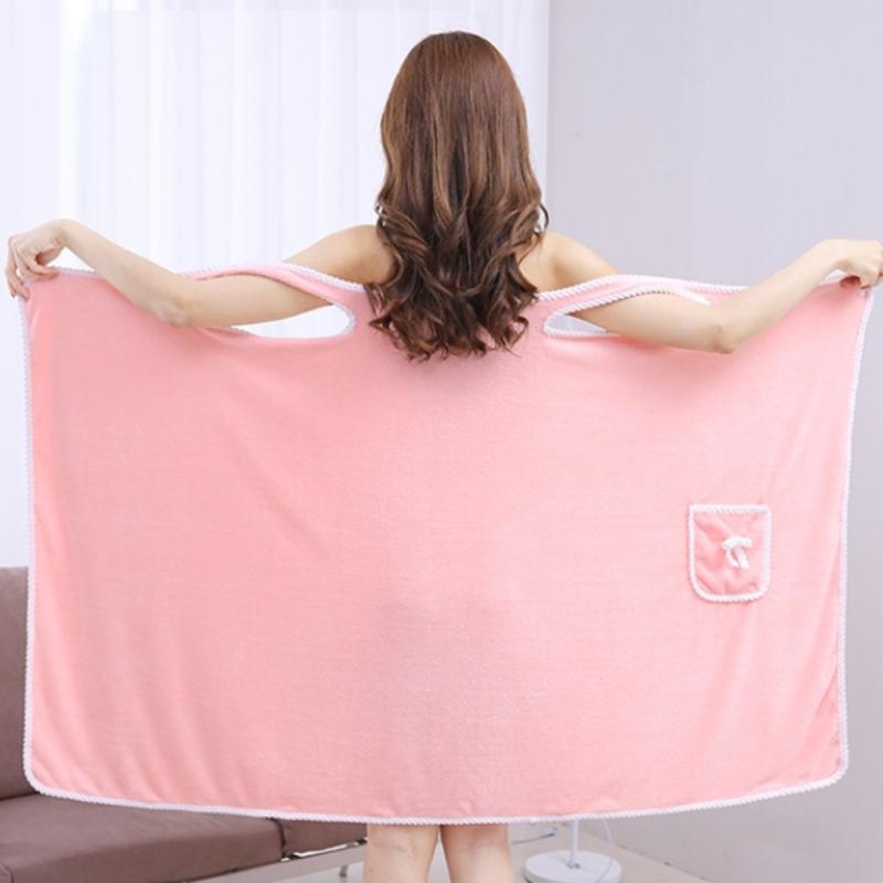 Wearable Bath Towel Absorbent Quick Drying Bathrobe with Pockets Bow Decor Bath Wrap Towel Bathroom Supplies