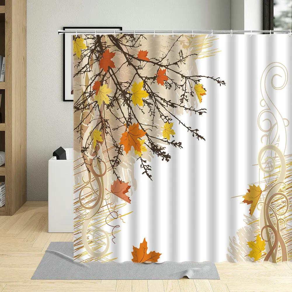 Autumn Tree Bicycle Fallen Leaves Scenery Shower Curtain Winter Forest Branch Leaf Watercolors Art Home Decor Bathroom Curtains