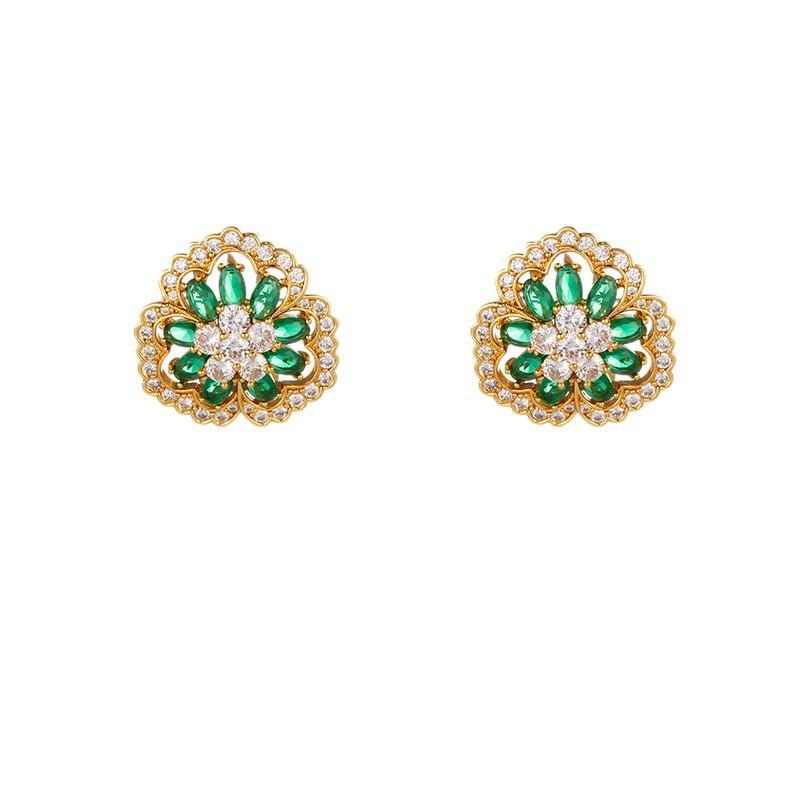 Light luxury emerald zircon pattern stud earrings hollow engraving retro court atmosphere earrings bright luster stud earrings