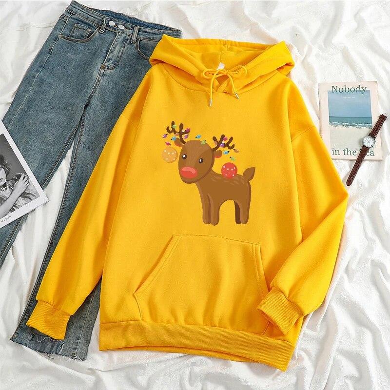 KAWAII Christmas Elk Hoodies Women Unisex Harajuku Fashion Xmas Streetwear Autumn Winte Warm Hooded Sweatshirts Pullover Ropa Mujer
