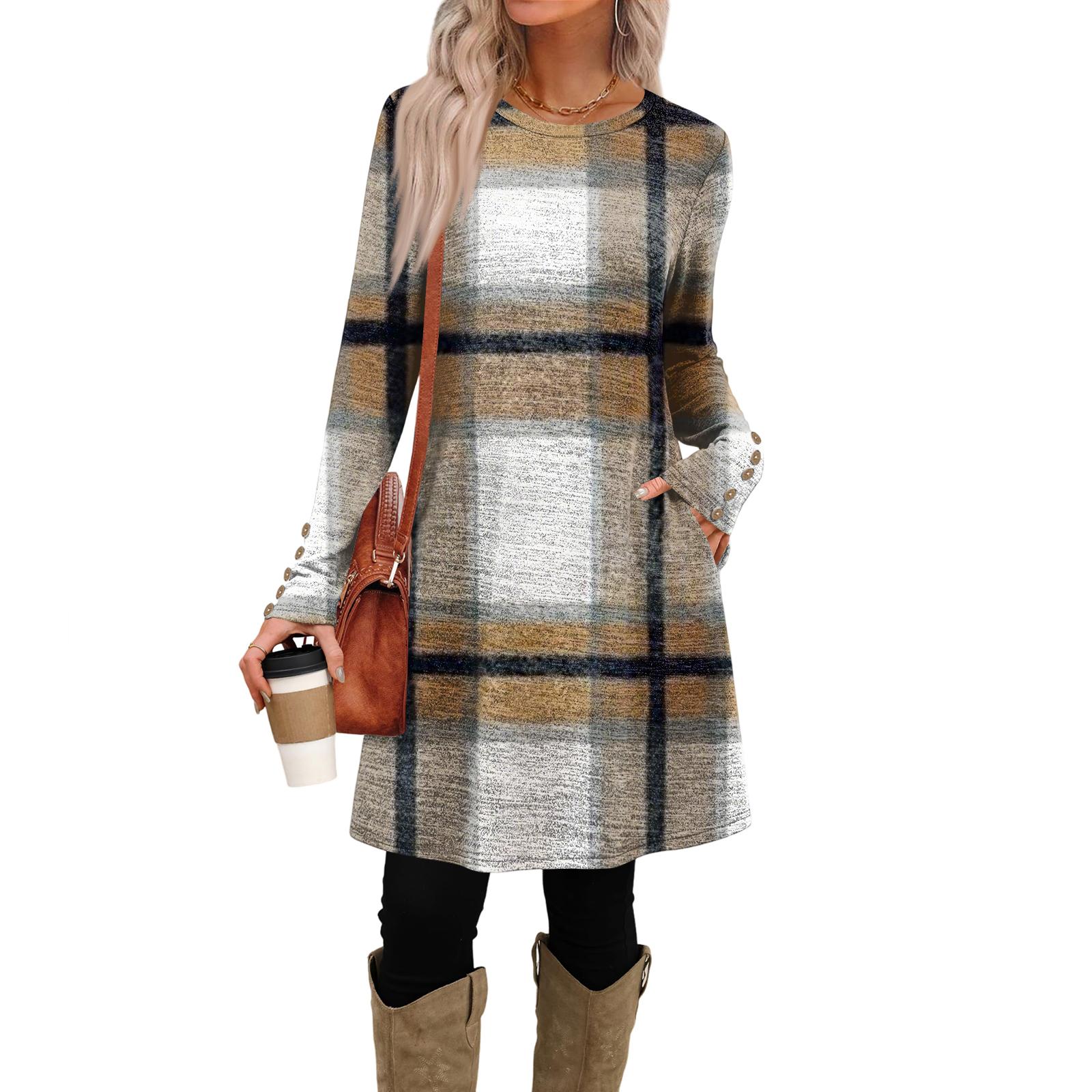 

Жіноча модна повсякденна сукня з кишенями, декоративними ґудзиками, круглим вирізом горловини та довгими рукавами S хакі