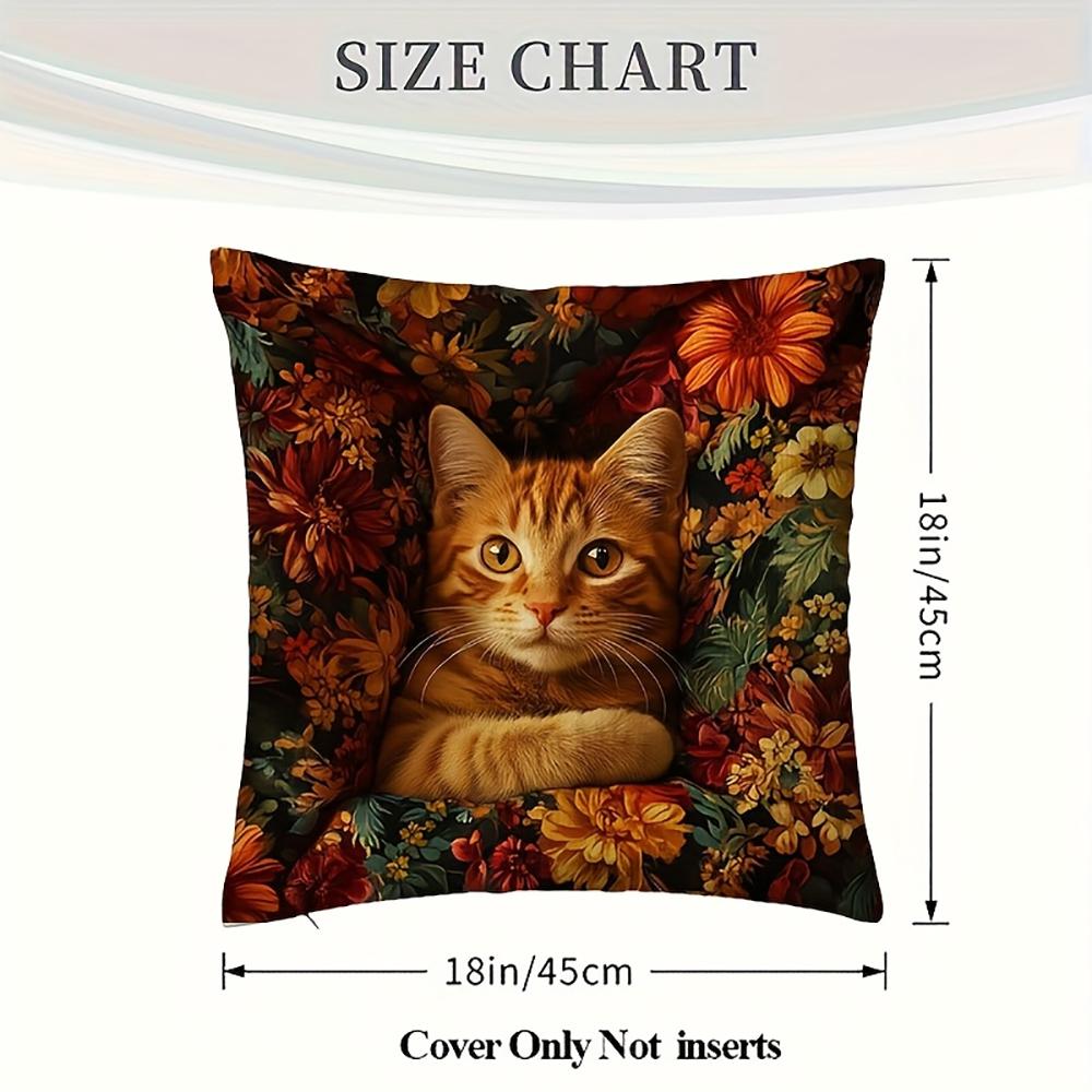 2D Flat- Vintage Rustic Floral Ginger Cat Throw Pillow Cover Warm Tone Autumn Flower Decorative Cushion Case For