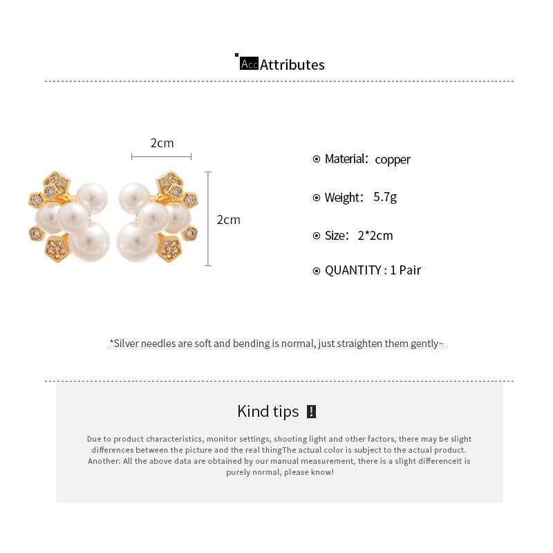 14k Gold Plated Silver Needle Zircon & Imitation Pearl Flower Stud Earrings - French Retro High-End Earrings for Women