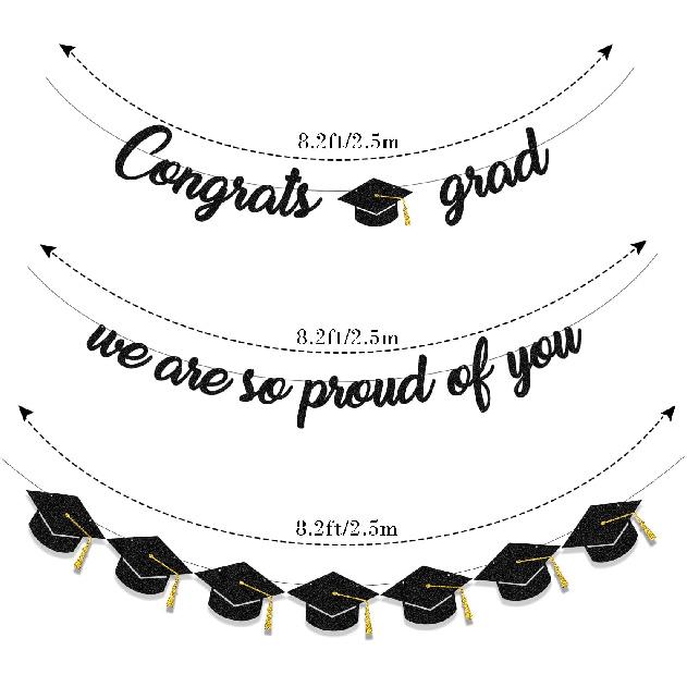 Graduation Decorations Class of 2025 Party Supplies - Congrats Grad, We Are So Proud of You Banner and Graduation Caps,hats Banner (Pre-Strung)