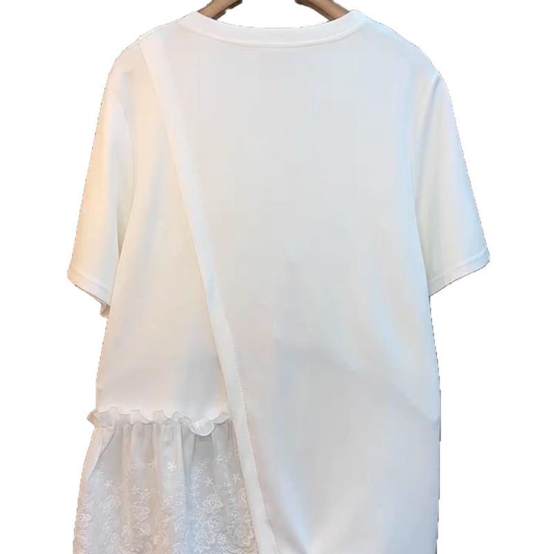 Fashion Large Size Lace Splicing Irregular Blosue Women Short Sleeved T-shirt for Women Summer New Loose Top Sweet Casual O Neck Covers White Shirts