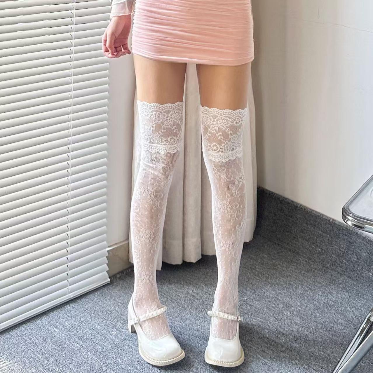 Sexy Spitze Netzstrümpfe für Damen Floral Ausgeschnittenes Netz Kniestrümpfe Weiblich Lolita Einfarbig Hohe Strümpfe Jk Lange Socken For 40-70kg gray