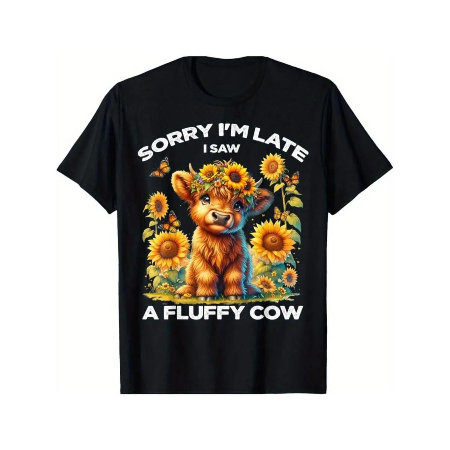 Cotton Scottish Highland Cow Sorry I m Late I Saw A Fluffy Cow T-Shirt 100% Gift S разноцветный