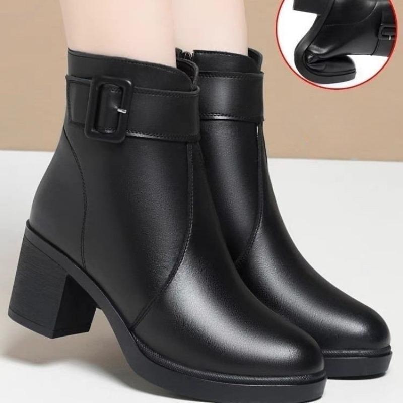 Krótkie Botki, Buty na Grubym Obcasie, Damskie Buty z Polaru, Buty na Średnim Obcasie dla Kobiet w Średnim Wieku, Bawełniane Buty z Miękkiej Skóry