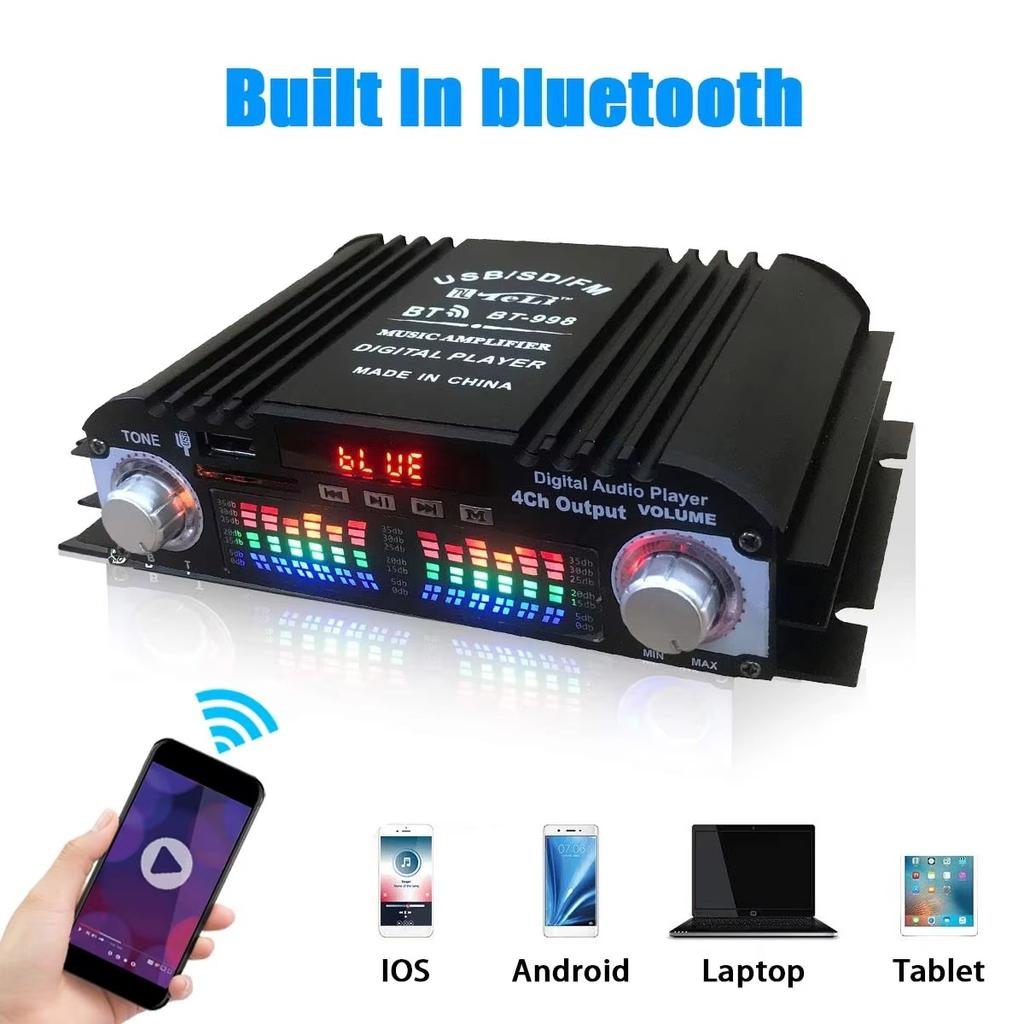 BT-998 4 Channel Bluetooth Amplifier 12V Car Home Audio Power Amp USB SD AUX FM LCD Display