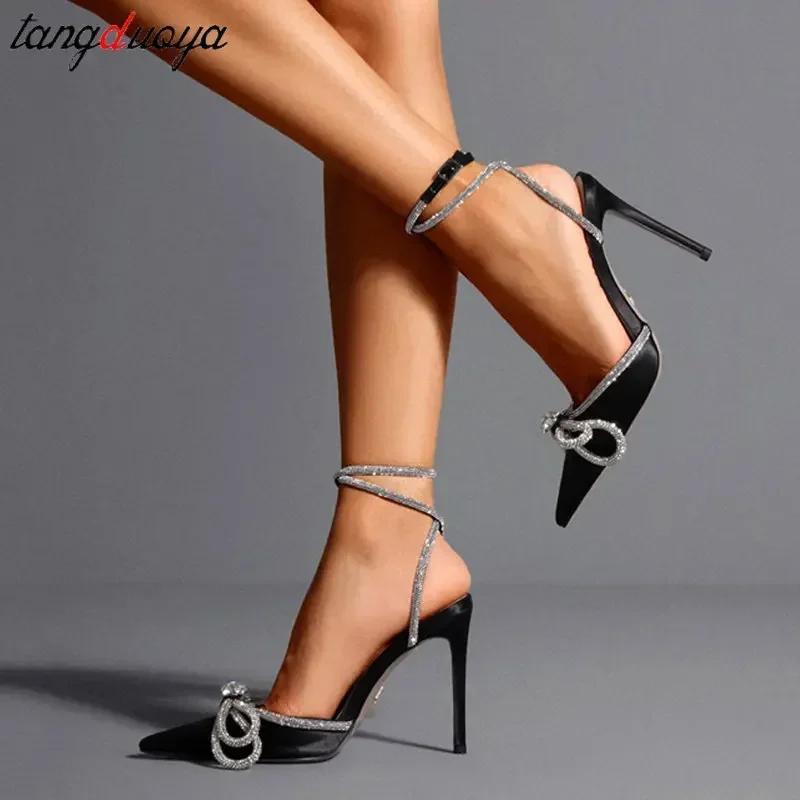 Glitter Rhinestones Pumps Ladies Sexy Crystal Bowknot High Heels Women Elegant Slim Heels  Party Wedding Pumps 36-42