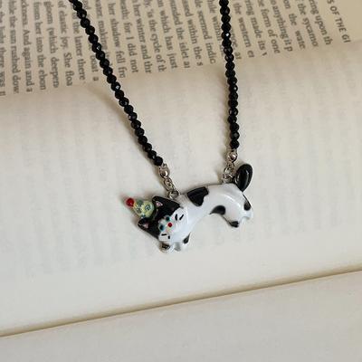 Cute Three-Dimensional Spotted Cat Black Crystal Beaded Necklace Female Sweet Cool Style Fashion Versatile Neck Chain Sweater Chain