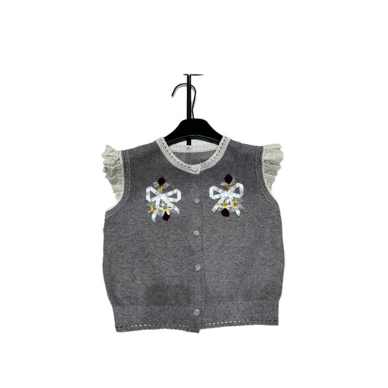Elegant Flower Bow Round Neck Knit Cardigan Vest