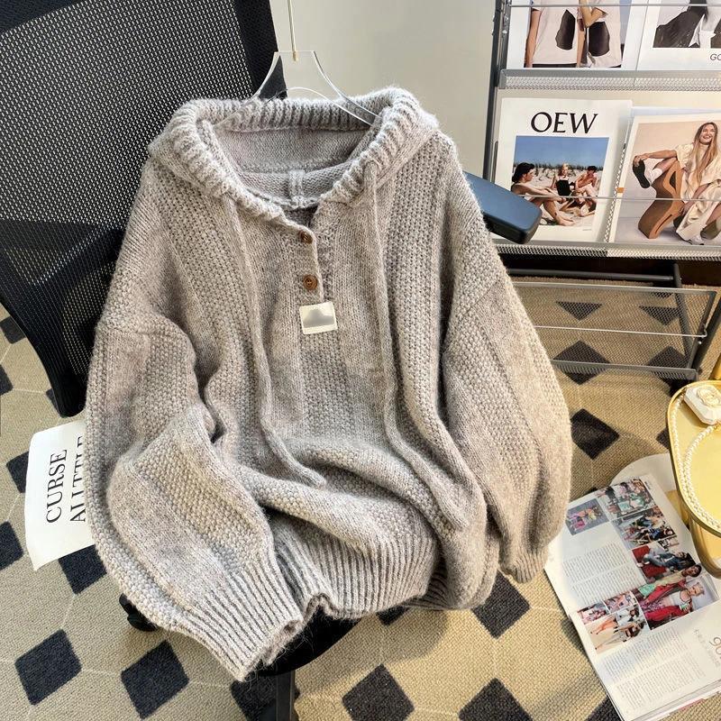 Korean Style Women's Soft Hooded Knit Sweater Coat: New Loose-Fit Autumn/Winter Pullover