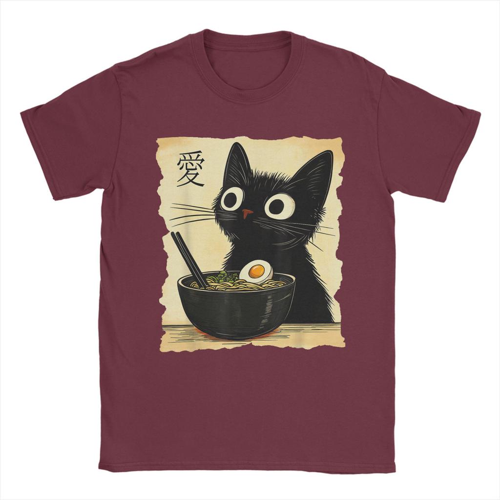 Men's Japanese Black Cat Ramen T Shirts Kawaii Noodle Cat Cotton Clothing Creative Short Sleeve Crew Neck Tees Summer T-Shirt