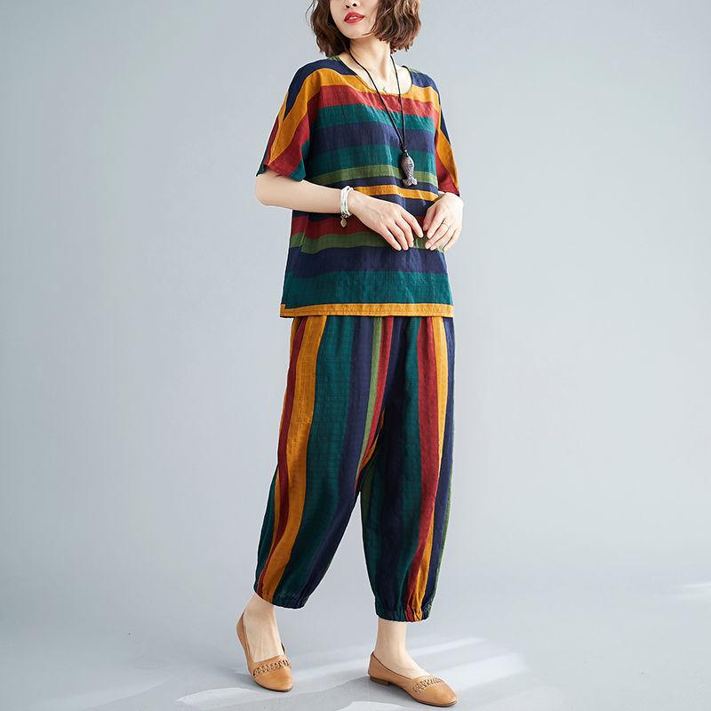 Completi Casual Donna Moda Set T-shirt Estivi Larghi Letterari Retro Strisciato Manica Corta Pantaloni Harem Set 2 Pezzi