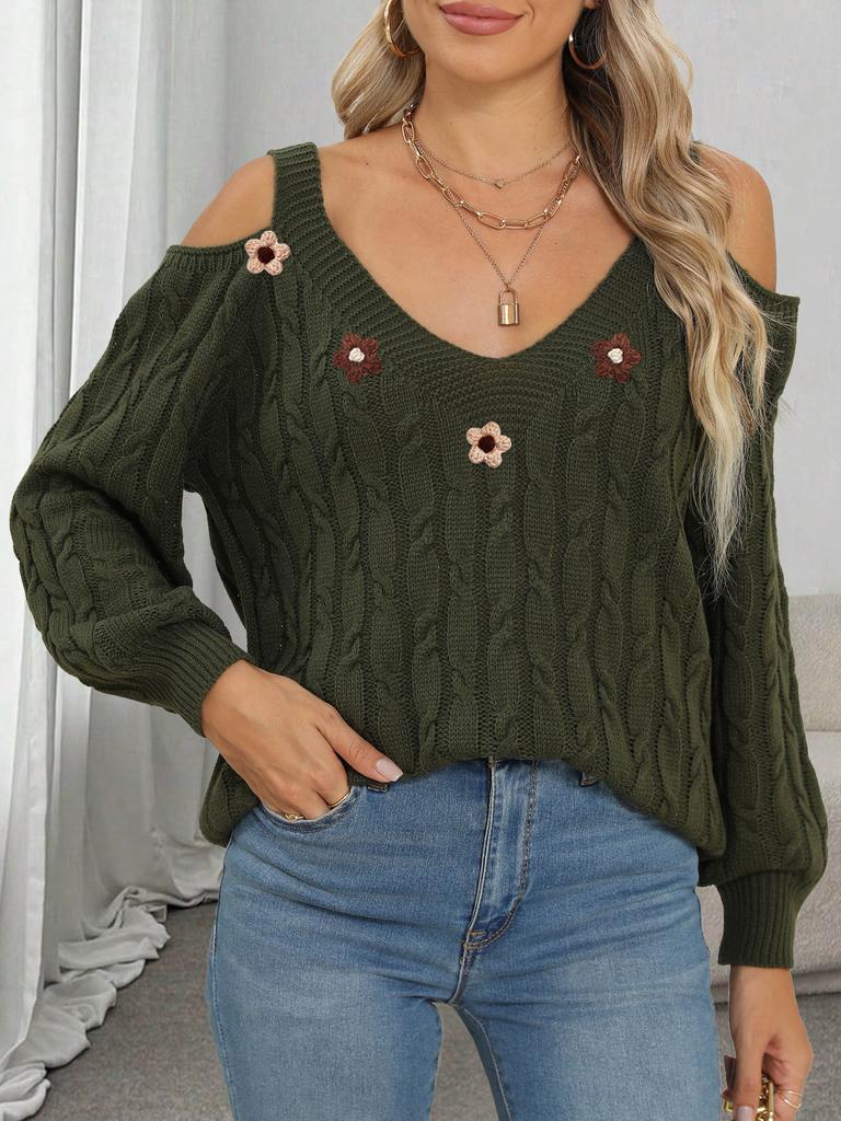 European Size Sweater Foreign Trade Cross-border Women's Suspender Off-the-shoulder Sweater Hand-hooked Decorative Twist Knitted Pullover Sweater