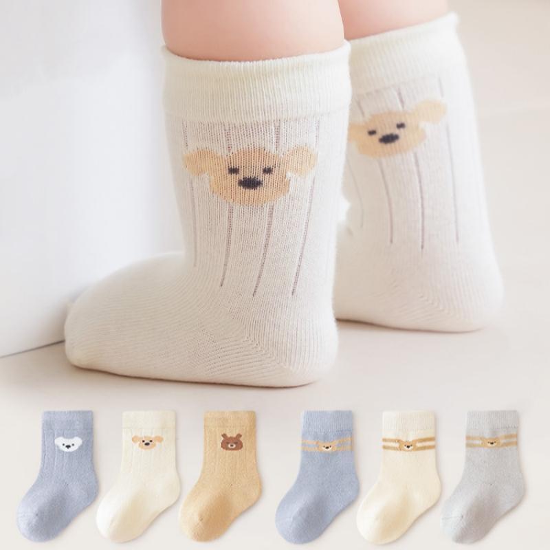 3Pairs/set New Autumn High Elastic Boneless Newborn Baby Tube Socks Toddler Girls Cute Bear In Tube Kids Infant Cartoon Socks