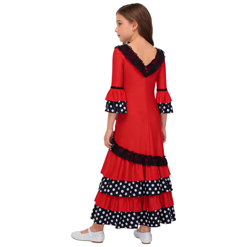 Girls V Neck Contrast Dots Tiered Ruffle Flamenco Dress Lace Trim 3/4 Sleeves Back Invisible Zipper for Performance Competition