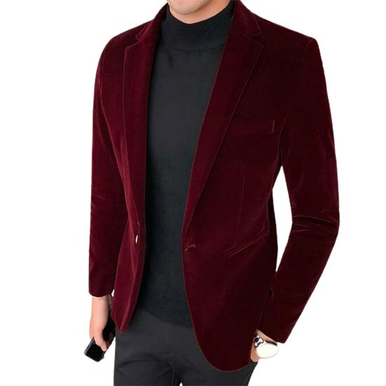 Spring Men Blazer Solid Color Turndown Collar Long Sleeve Slim Fit Single Button Velvet Suit Coat Streetwear
