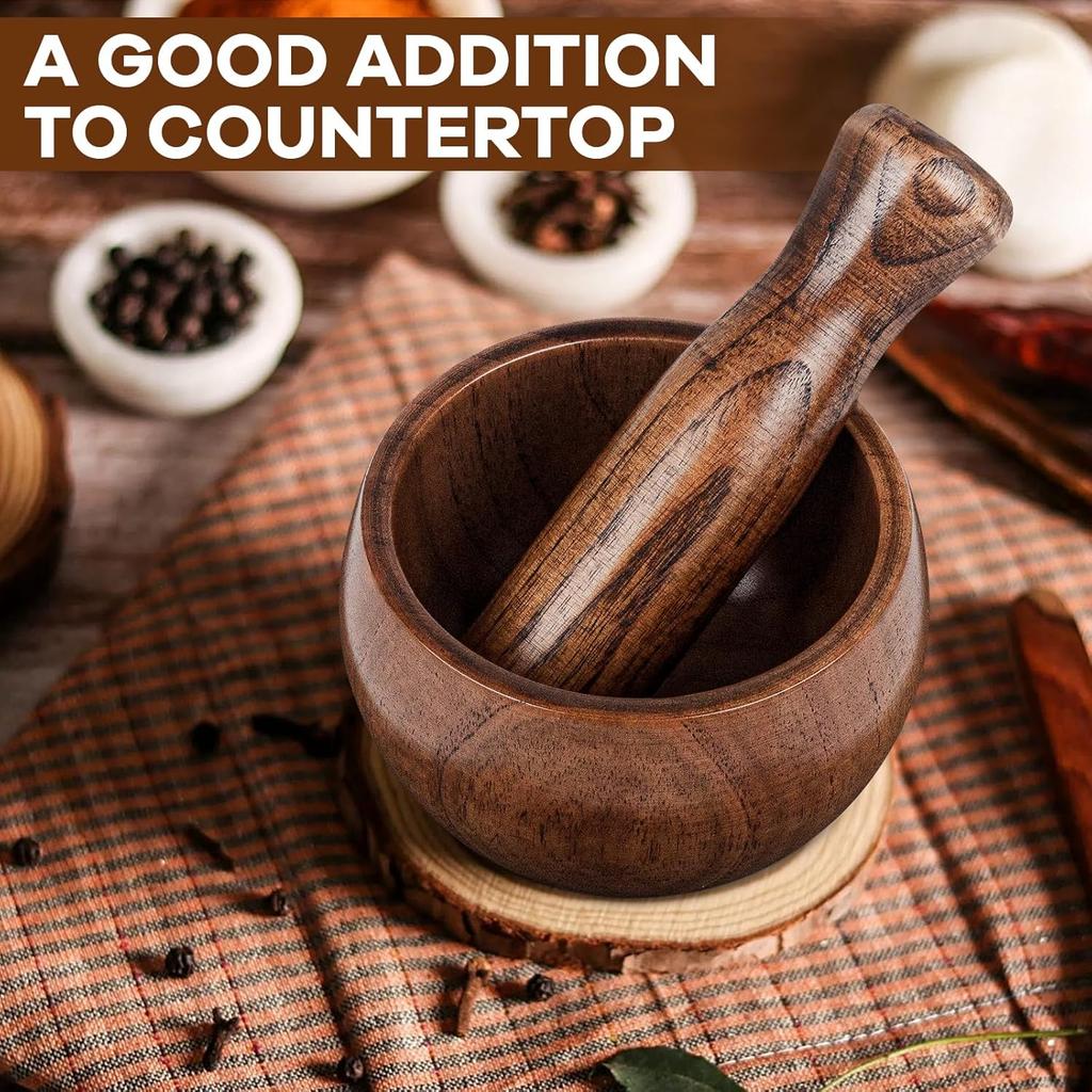 Wood Mortar and Pestle Set, Wood Grinder Bowl for Guacamole, Salsa, Herb Crusher and Pill