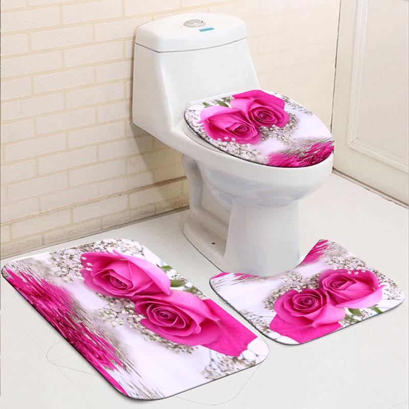3D Rose Flower Shower Curtain Set Non-Slip Rugs Bath Mat Toilet Lid Cover and 12 Hooks Waterproof Polyester Bathroom Decor